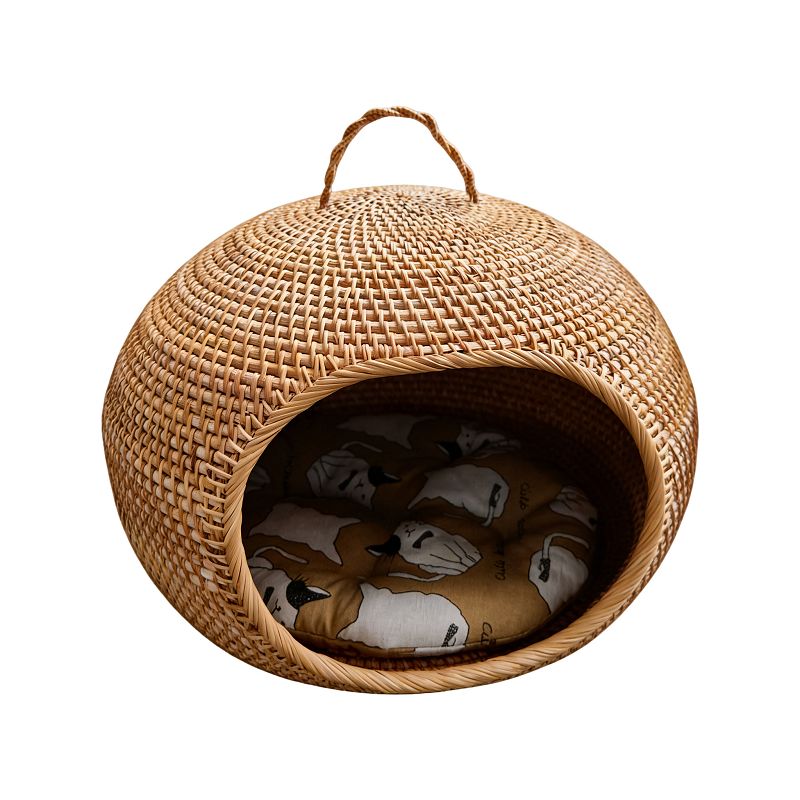 Cueva redonda para gatos de ratán con asa/cama para mascotas