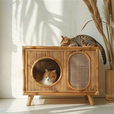 Casa para mascotas de ratán ecológica - hecha a mano en Vietnam, cama rectangular con patrón sólido para gatos y perros, cartón moderno para descansar durante todas las estaciones